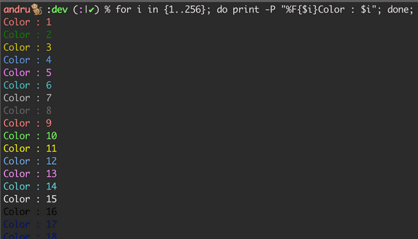 zsh prompt which shows result of all colors command